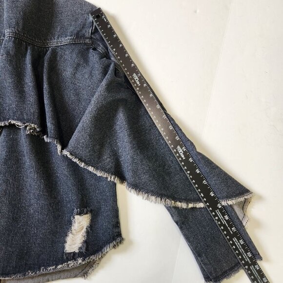 Robert Rodriguez Denim Shirt Jacket‎ Womens XS Black Ruffle Distressed Button Up - Picture 13 of 13